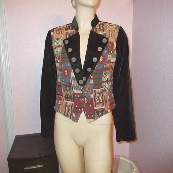 Vtg Circle T Velvet Tapestry Jacket Size S Western Cowgirl Military Crop Navajo - Picture 1 of 11